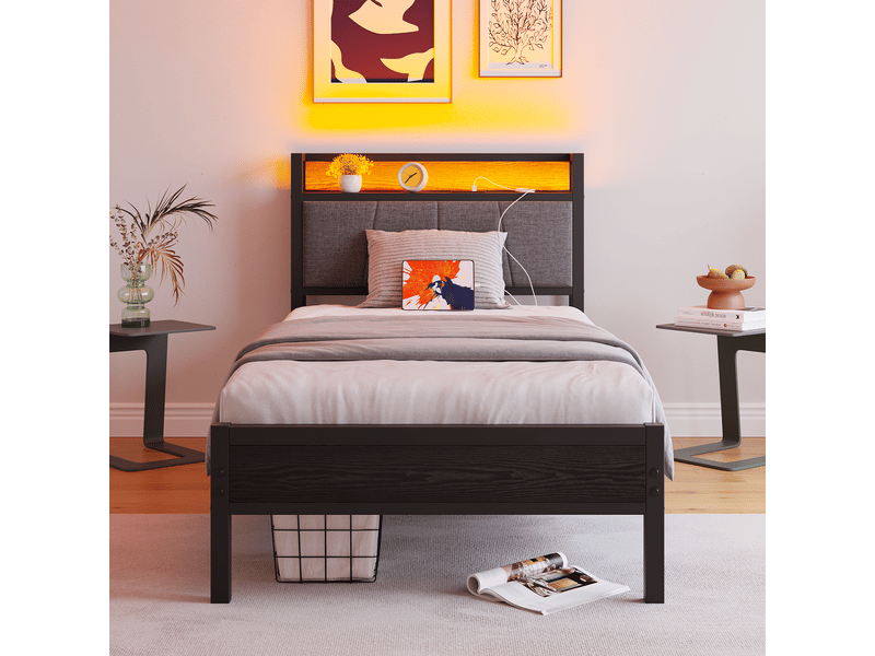  Lit 90x200cm, lit adulte cadre métal robuste, led intelligentes, tête de lit rangement usb, sans bruit, pas de sommier requis  - Conforama A