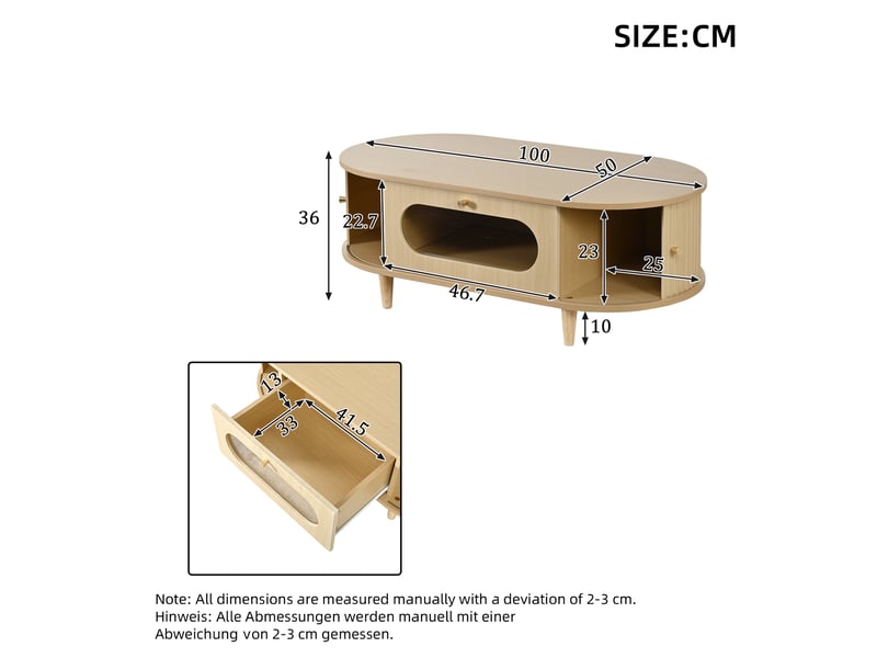 Table basse ovale 100 x 50 x 36 cm avec 1 tiroir et porte tambour, meuble de salon avec rangement, mdf et acrylique, bois naturel evarich - Conforama C