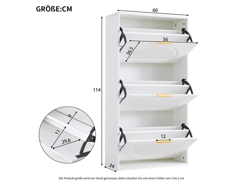  Meuble à chaussures blanc 60 × 24 × 114 cm, mdf et panneau de particules, 3 abattants, pour couloir et salon  - Conforama B
