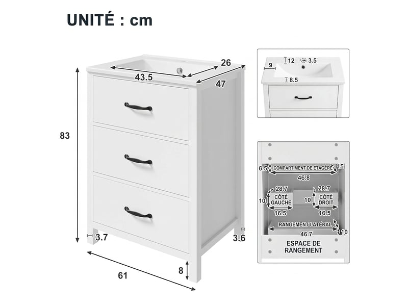  Meuble salle de bain sur pied 61 cm meuble vasque blanc 3 tiroirs  - Conforama E