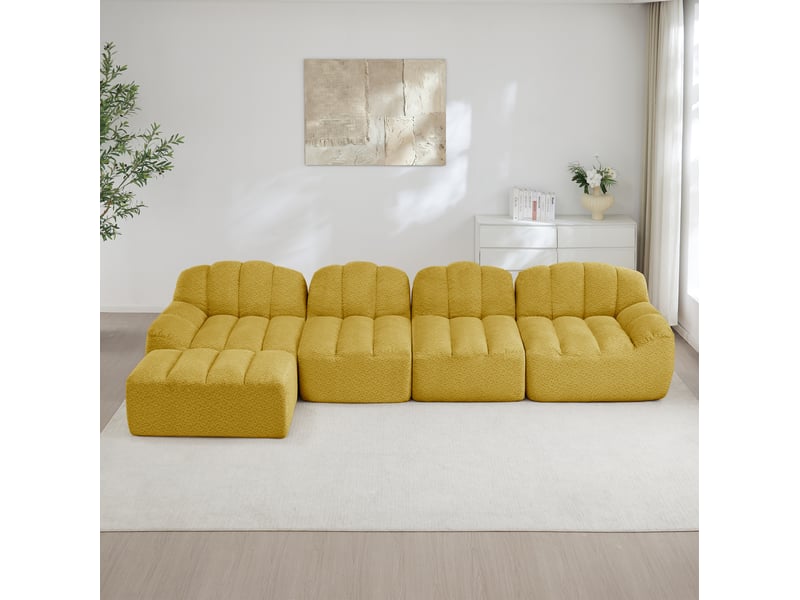 Canapé d'angle modulable ulevr 4 places avec ottoman, 366 x 165 cm, mousse haute densité 32d, tissu bouclette jaune - Conforama B