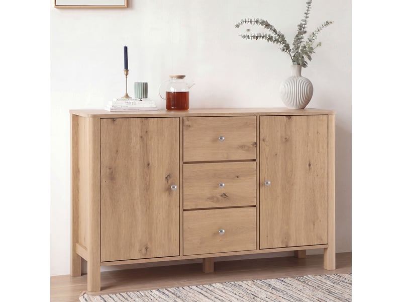  Buffet et enfilade avec 3 tiroirs et 2 portes pour salle à manger, en panneaux de particules, 120×40×80 cm, chêne  - Conforama C