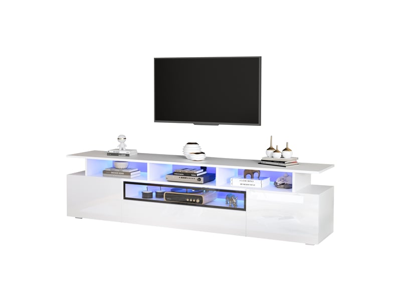  Meuble tv blanc 180 x 38 x 45 cm avec led, 2 placards, 1 tiroir et 10 espaces de rangement  - Conforama A