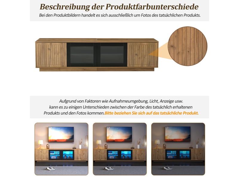  Meuble tv led 180 x 40 x 45 cm bois naturel et noir, 2 placards, verre, charge 30 kg, jusqu’à 75 pouces  - Conforama C