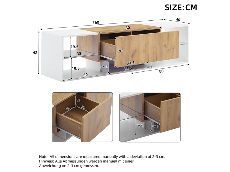 Meuble pour téléviseur 3 niveaux 160x40x42 cm avec led 16 couleurs, panneau de particules, chêne et blanc  - Conforama C