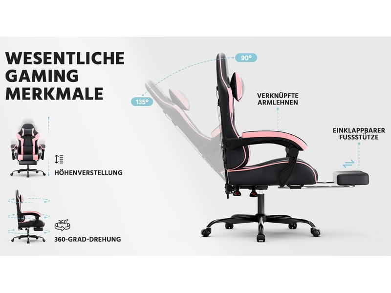  Fauteuil gaming noir et rose en pvc avec repose-pieds réglable  - Conforama D