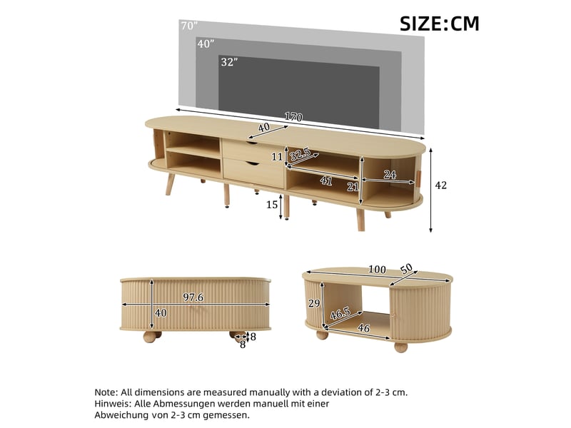  Ensemble armoire tv et table basse - bois - mdf - noyer clair - 175x40x42 cm - tiroirs doubles 100x50x40cm - Conforama R