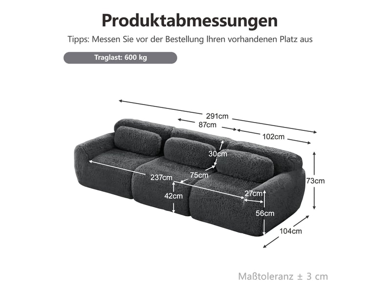  Canapé modulable 3 places gris anthracite, tissu peluche premium, design contemporain, structure stable et confortable pour salon moderne  - Conforama C