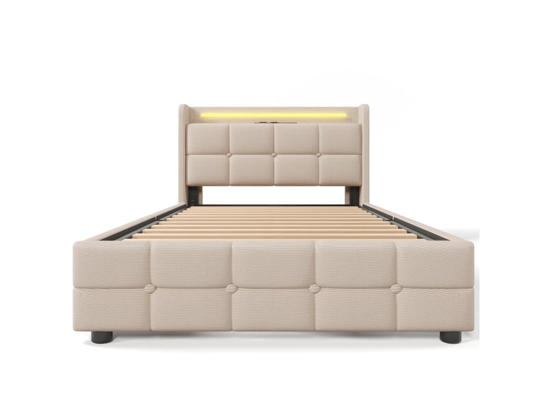 Lit coffre 90x200 avec led et usb, cadre de lit beige capitonné avec sommier à lattes et 2 grands tiroirs de stockage - Conforama A