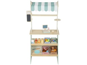 Arkswift, supermarché pour enfant 34 pcs, marchande en bois, tableau noir, caisse enregistreuse et accessoires, 40x30x92,5cm, vert