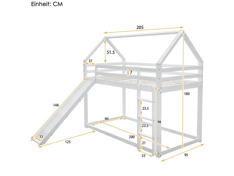  Lit superposé 90x200cm - avec toboggan - lit superposé enfant - forme cabane, blanc, pin massif, échelle interchangeable  - Conforama C