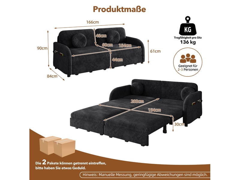 Canapé-lit 2 places 166x84x90 cm 3-en-1, poche latérale, canape droit en métal, bois, mousse et tissu chenille noir - Conforama C