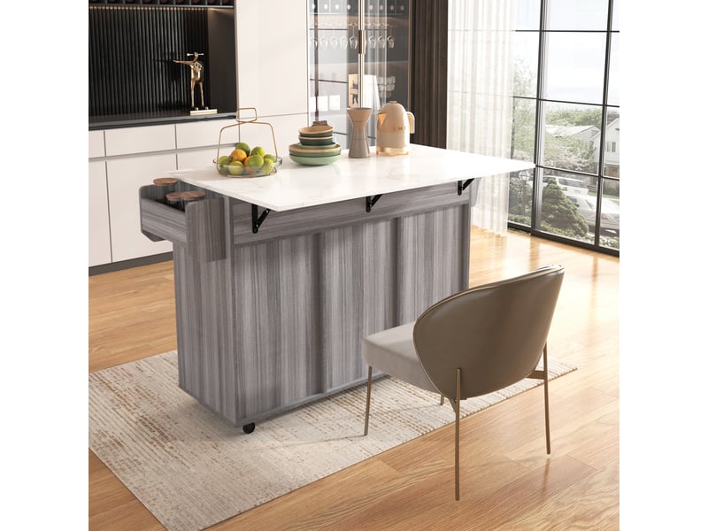  Îlot de cuisine gris avec plateau rabattable et effet marbre blanc, chariot de service avec rangement, 139x46x91.5 cm  - Conforama R