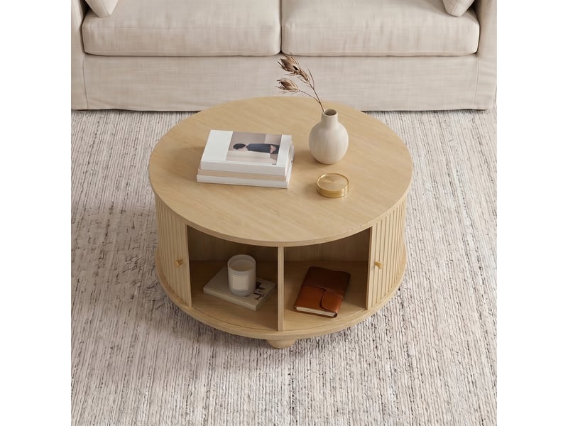  Table basse ronde 72x72x38 cm - table de salon rétro avec 2 portes coulissantes cannelées et 4 compartiments de rangement – mdf - naturel  - Conforama E