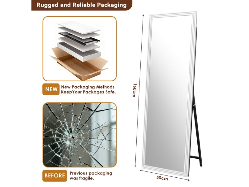  Miroir simple sur pied avec support métallique inclinable, cadre en bois blanc, image claire, 160 × 50 cm  - Conforama C