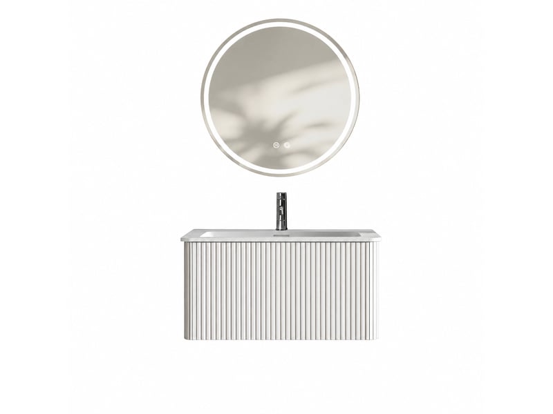  Meuble vasque suspendu 80 cm blanc avec tiroir, vasque intégrée et miroir rond led antibuée  - Conforama A