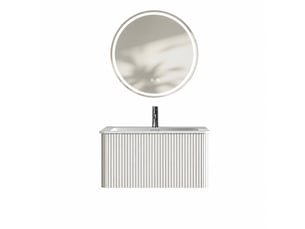 Meuble vasque suspendu 80 cm blanc avec tiroir, vasque intégrée et miroir rond led antibuée