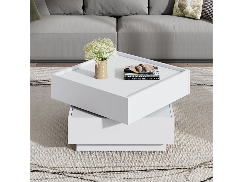  Table basse pivotante 360 avec 2 tiroirs, table basse carrée 60x60 cm en panneaux de particules, table de salon blanche  - Conforama B