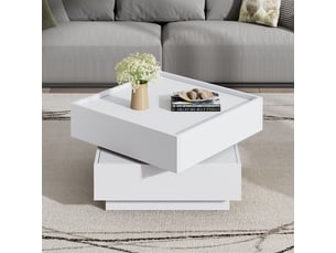 Table basse pivotante 360 avec 2 tiroirs, table basse carrée 60x60 cm en panneaux de particules, table de salon blanche