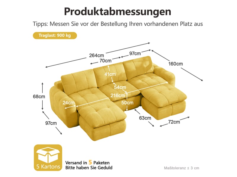 Canapé modulaire en u 3 places sans cadre, combinable avec 2 poufs, sans montage, en chenille jaune - Conforama C
