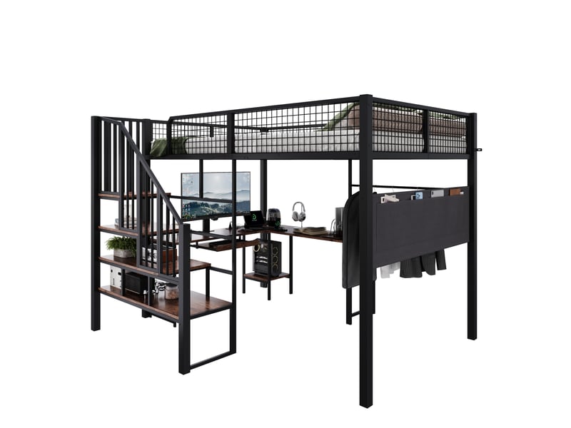 Lit mezzanine 140x200 cm noir avec bureau d'angle, escalier et prise de charge - Conforama A