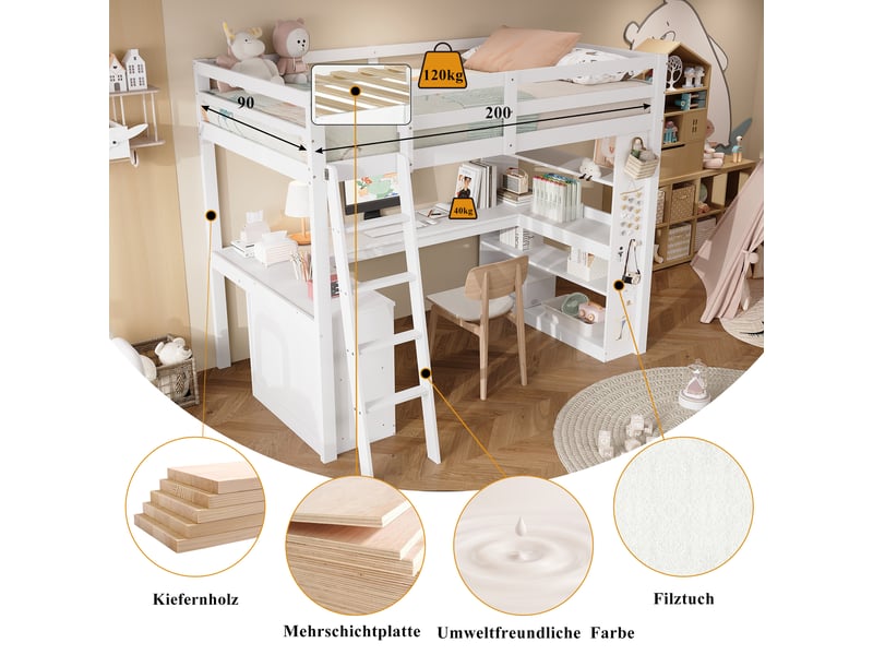  Lit mezzanine enfant,90x200 cm,avec étagères et échelle inclinée,mdf,blanc  - Conforama E