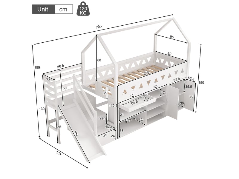 Lit combiné enfant blanc avec toboggan, escalier, tiroirs et rangement 90 x 200 cm - Conforama D