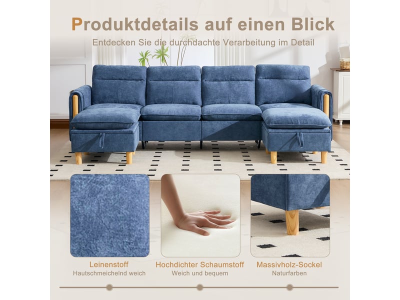  Canapé en u 4 places en chenille bleu avec 2 poufs et rangements intégrés pour le salon familial  - Conforama D