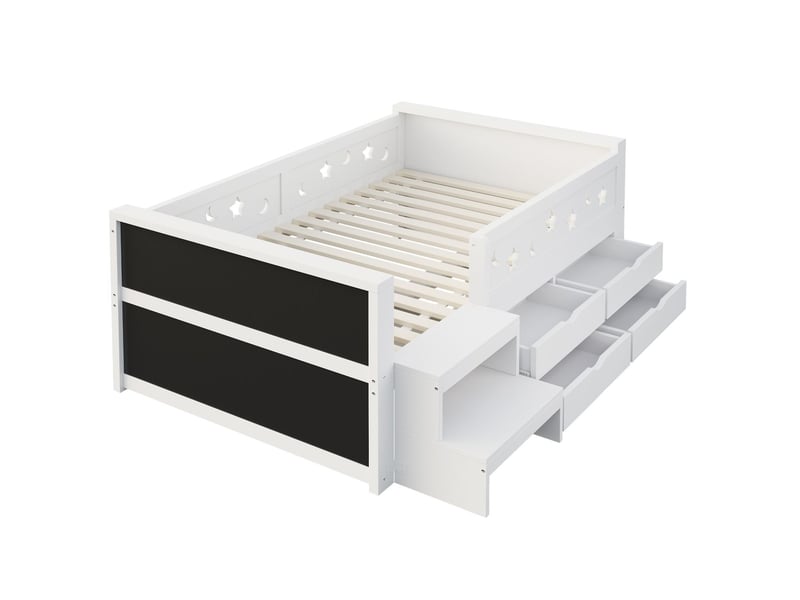  Lit avec tiroirs 90 x 200 cm lit simple blanc rangement à tiroirs barrière de lit motifs étoiles et lunes ajourés tableau noir créatif marchepied inclus éclairage led  - Conforama A