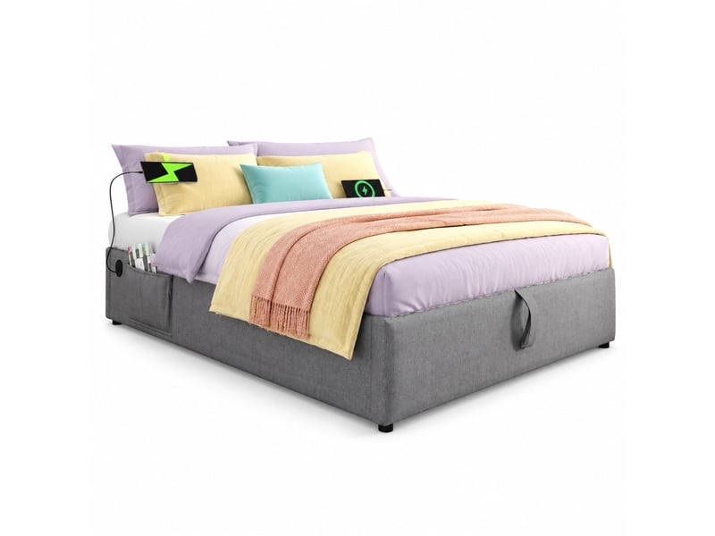  Lit coffre double 140x200 cm gris, sans tête de lit, avec ports usb et type-c intégrés  - Conforama A