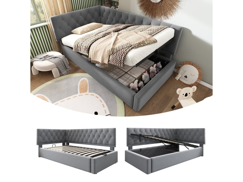  Lit banquette coffre 90 x 200 cm, coffre à relevage hydraulique, dossier en l, dossier réversible, sommier à lattes, pour la chambre, velours, gris ABC - Conforama B