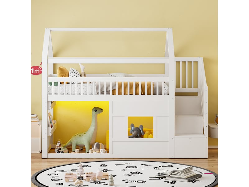  Lit mezzanine enfant 90x200 cm style cabane en pin et mdf blanc, avec escalier à 2 rangements, fenêtre et éclairage led multicolore Fay Lum - Conforama D