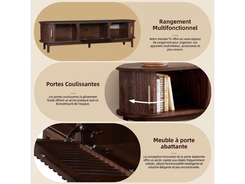  Meuble tv ovale 180 x 40 x 40 cm bois clair mdf effet rotin 2 portes 2 portes coulissantes salon  - Conforama C