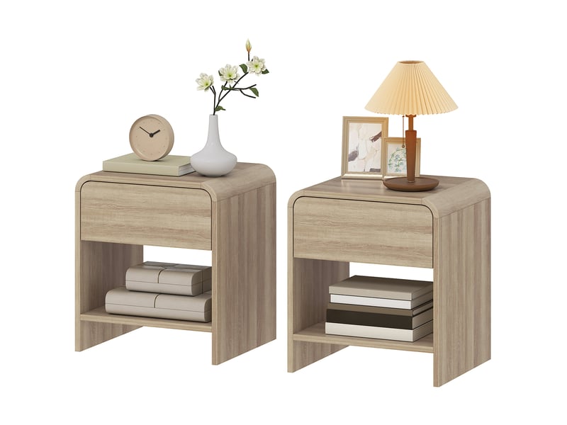  Ensemble de 2 tables de chevet scandinaves aux angles arrondis, avec tiroir et compartiment ouvert, 40 x 35 x 45 cm, couleur naturelle  - Conforama B