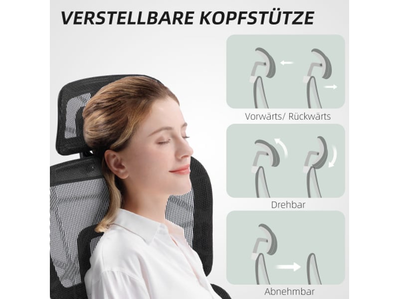Chaise de bureau ergonomique en mesh avec accoudoirs, appui-tête, soutien lombaire, repose-pieds, noire - Conforama E
