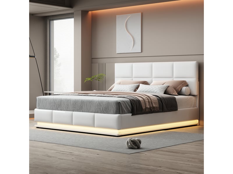  Lit capitonné 180x200 cm avec éclairage led et coffre de rangement relevable hydrauliquement, sommier à lattes, revêtement en similicuir, lit double, lit adulteenfant, blanc  - Conforama B
