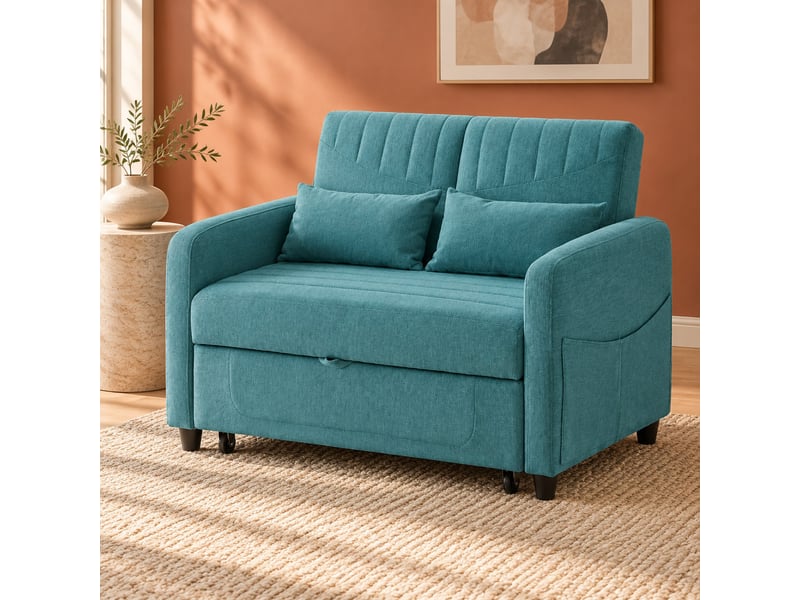 Canapé convertible 2 places 114.00×77.00×82.50 cm en tissu coton-lin avec dossier réglable bleu-vert antique chicfurn - Conforama B