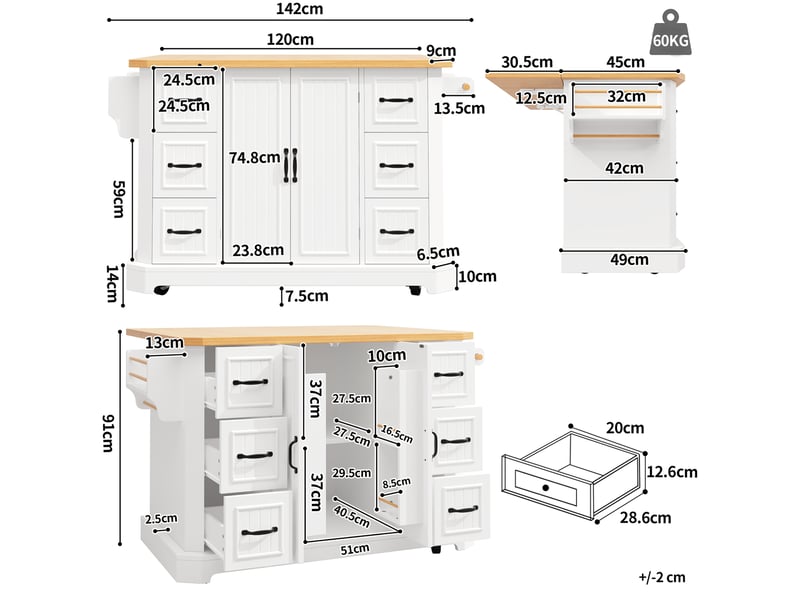  Desserte de cuisine mobile 142x45x91 cm blanche avec 2 portes et 6 tiroirs  - Conforama C