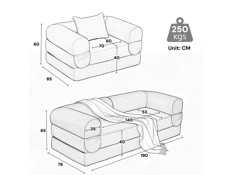  Canapé modulaire 3 places 190x78x65 cm sans cadre en bois velours côtelé noir  - Conforama E