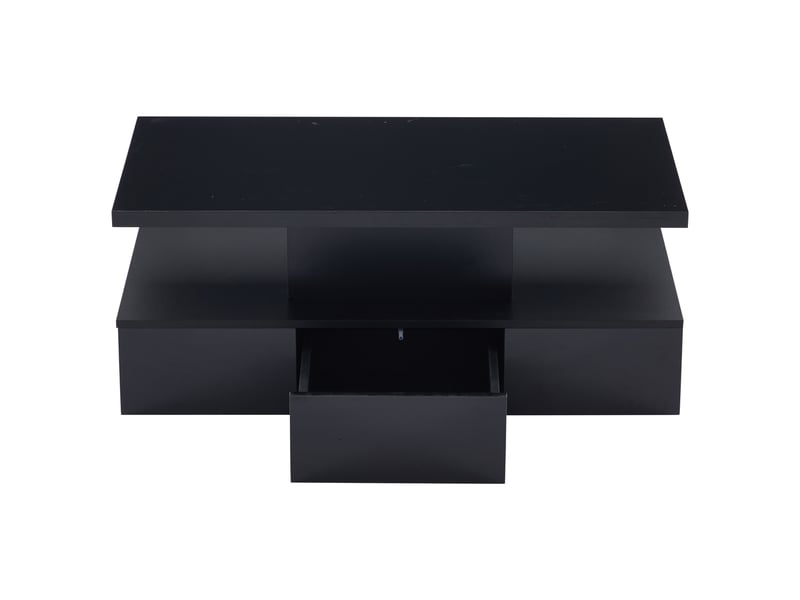  Table basse à deux niveaux pour le salon avec éclairage led 16 couleurs, table de salon laquée brillante, console avec étagère ouverte et un tiroir coulissant, petite table d'appoint rectangulaire, noire  - Conforama E