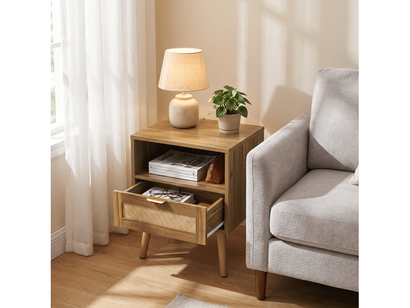  Table de chevet 45x40x55 cm, 1 tiroir, niche ouverte, rotin, poignées dorées, style bohème, mdf, aspect noyer  - Conforama D
