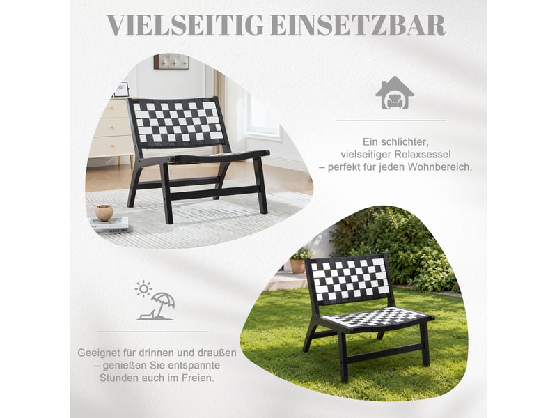  Fauteuil sans accoudoirs à tressage damier, assise basse avec coussin, structure en bois et pu noir, 71 × 66 × 72 cm  - Conforama E