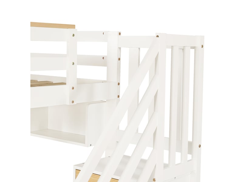  Lit mezzanine 90×200 cm avec bureau, tiroirs, étagères et escalier de rangement en bois blanc naturel sans matelas  - Conforama D
