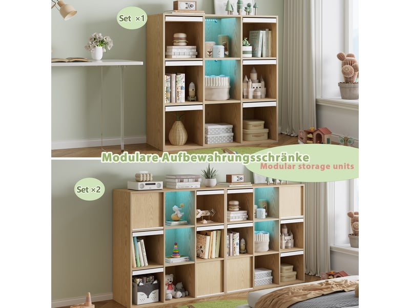  Bibliothèque enfant avec led et portes rabattables, meuble de rangement effet bois naturel avec niches ouvertes 100 x 35 x 108,5 cm  - Conforama E