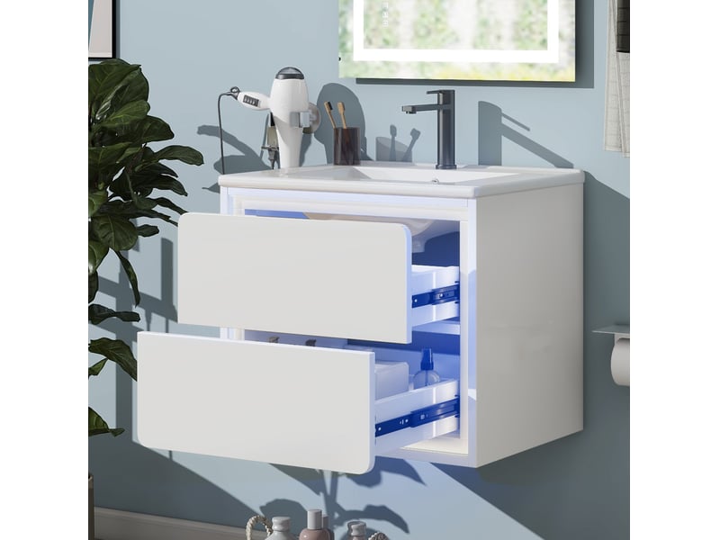 Meuble de salle de bains mural moderne 60x46x50 cm avec éclairage led, armoire de rangement avec 2 tiroirs, mdf blanc - Conforama B