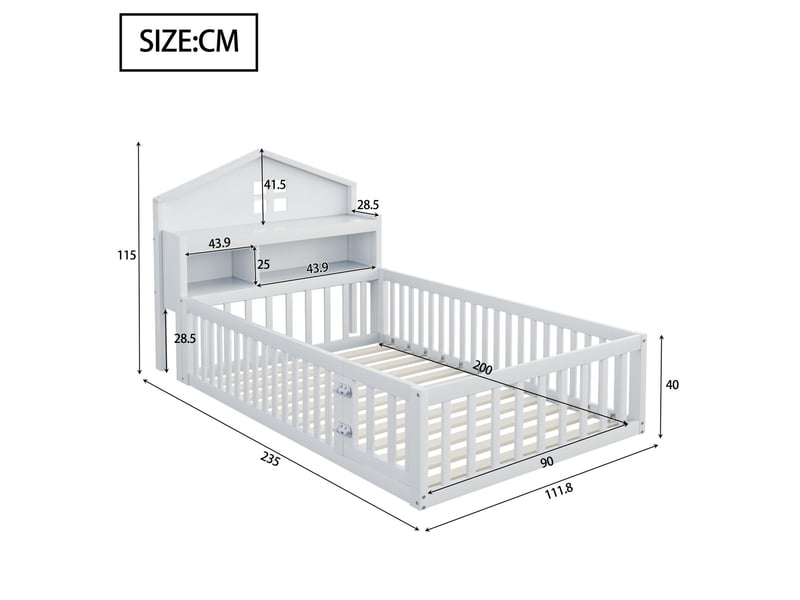  Lit enfant 90 x 200 cm, cadre de lit en bois massif, avec barrières de sécurité et porte, lit enfant avec espace de rangement  - Conforama C