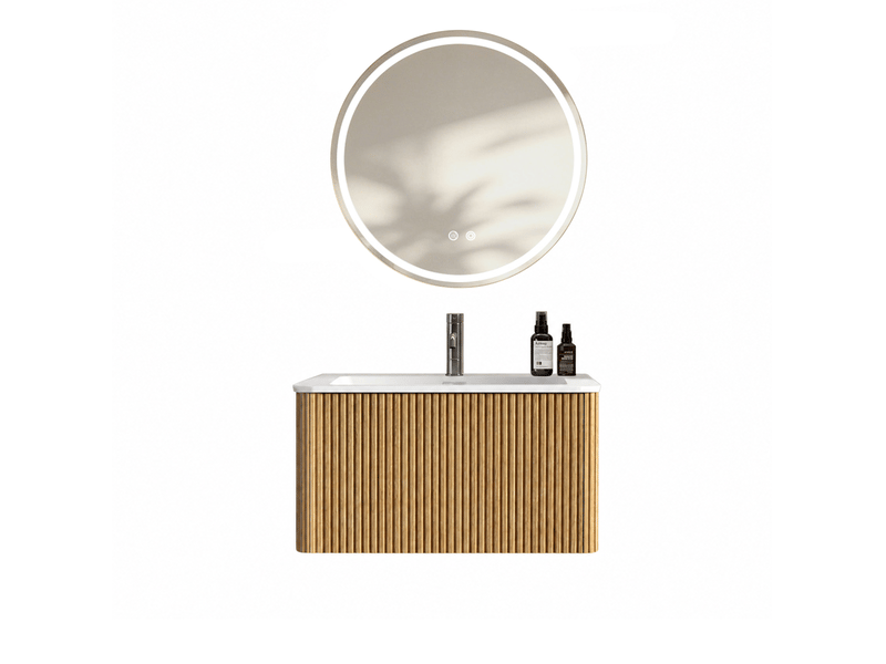  Meuble de salle de bain suspendu 81 x 46,5 cm – chêne – vasque intégrée et miroir led réglable  - Conforama A