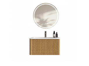 Meuble de salle de bain suspendu 81 x 46,5 cm – chêne – vasque intégrée et miroir led réglable