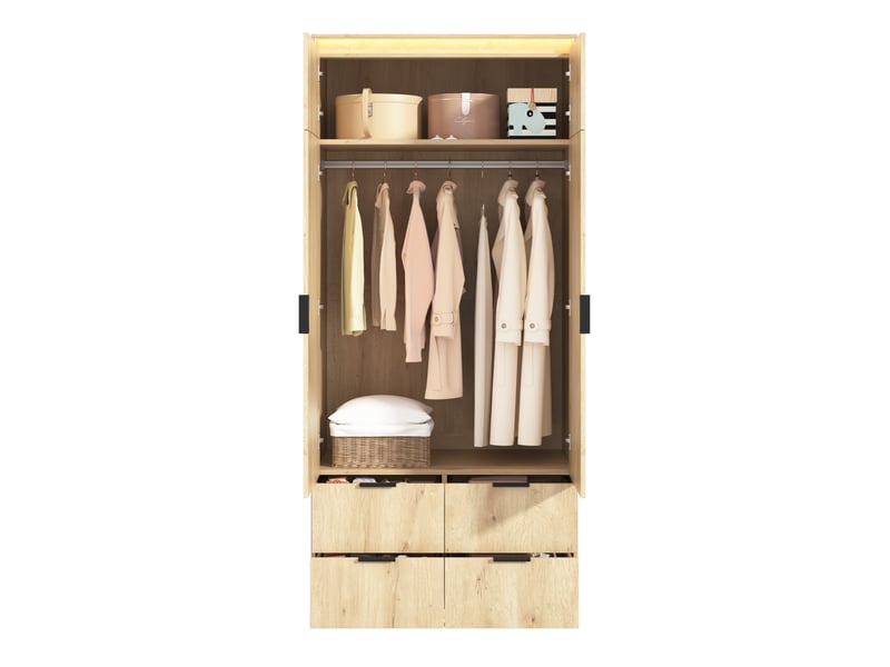  Armoire de chambre 2 portes avec miroir et led - 4 tiroirs, penderie - 90 x 47 x 200 cm  - Conforama A