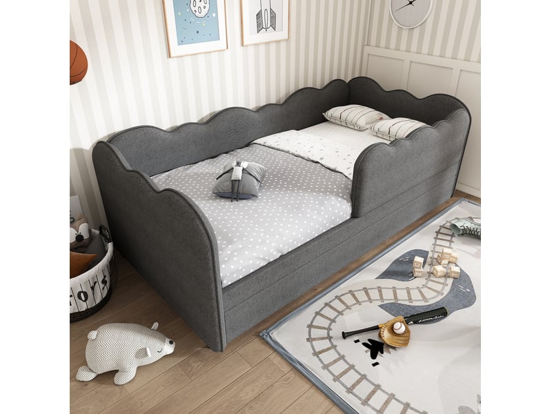  Lit enfant gigogne 90 x 190 cm forme de nuage unique et design en forme de l gain de place lin gris sans matelas  - Conforama B